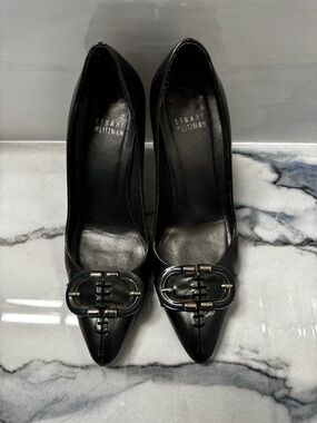 Stuart Weitzman Steel Blue Pointed Toe Pumps with Buckle Accent